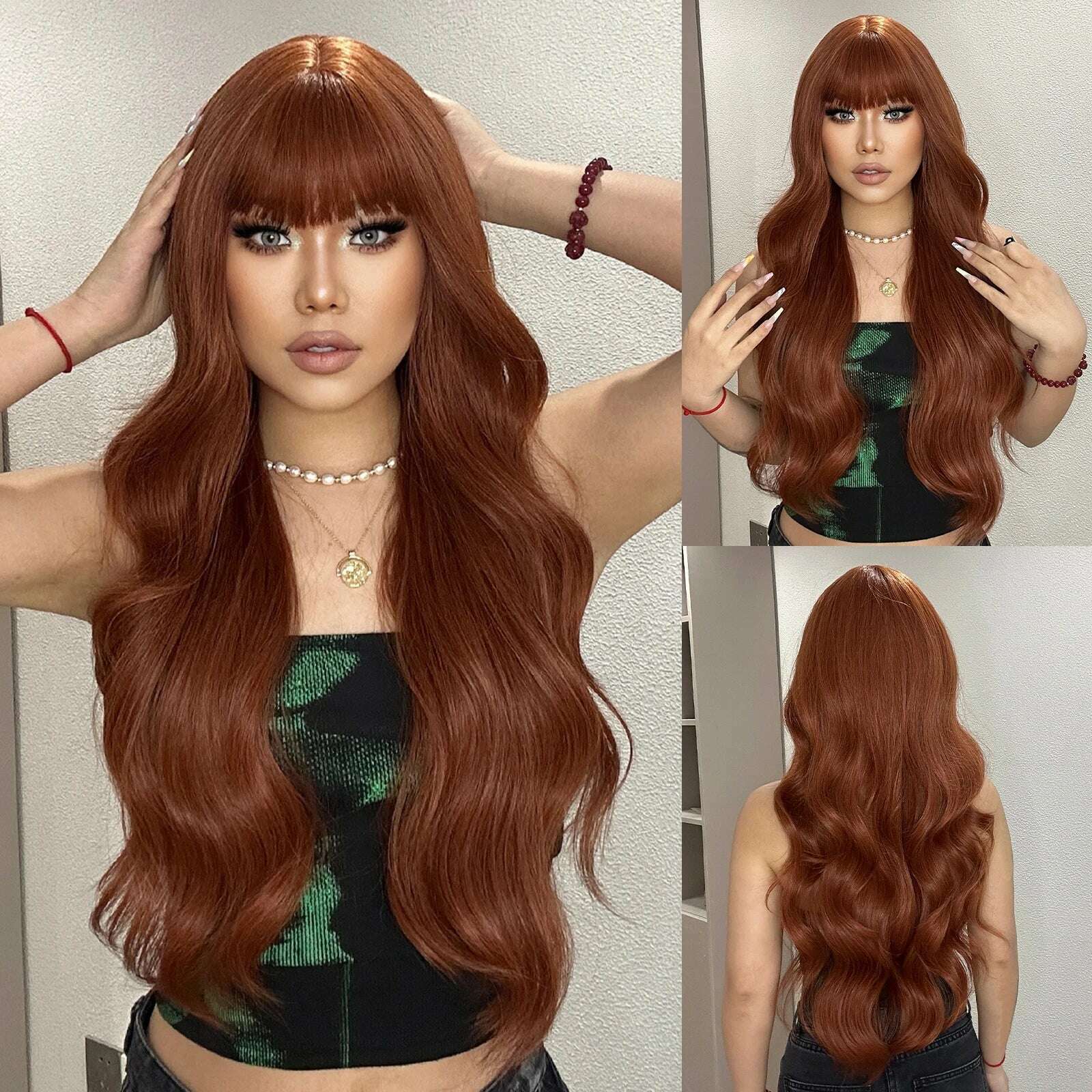 KIMLUD, Ombre Red Brown Synthetic Wig with Bangs Long Wavy Copper Brown Women Wigs Natural Hair Cosplay Daily Use Wig Heat Resistant, LC2097-2, KIMLUD APPAREL - Womens Clothes