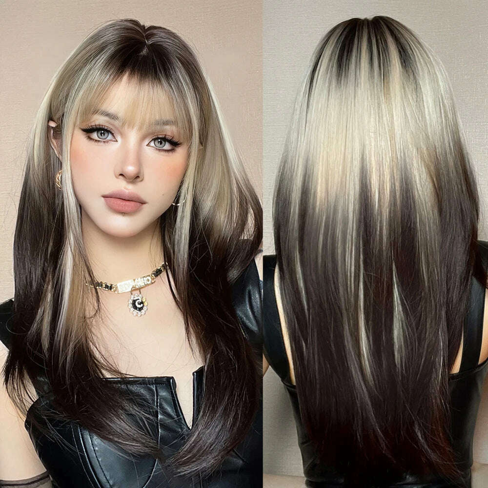 Ombre Synthetic Straight Cosplay Women Hair Platinum Blonde to Black Hair Long Layered Natural Wigs with Bangs for White Women - KIMLUD