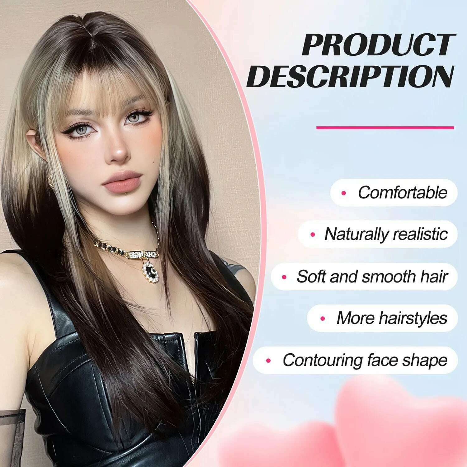 Ombre Synthetic Straight Cosplay Women Hair Platinum Blonde to Black Hair Long Layered Natural Wigs with Bangs for White Women - KIMLUD