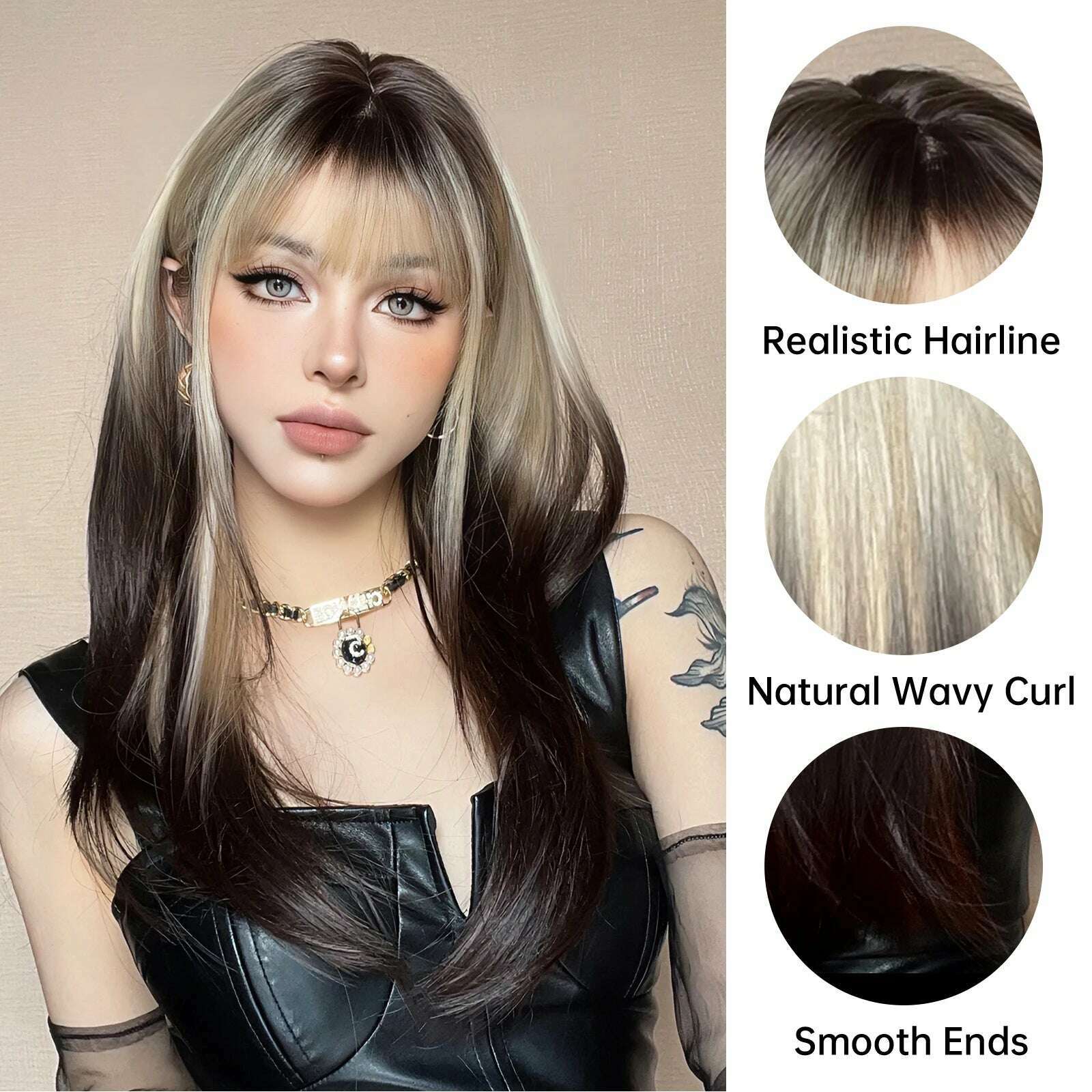 Ombre Synthetic Straight Cosplay Women Hair Platinum Blonde to Black Hair Long Layered Natural Wigs with Bangs for White Women - KIMLUD