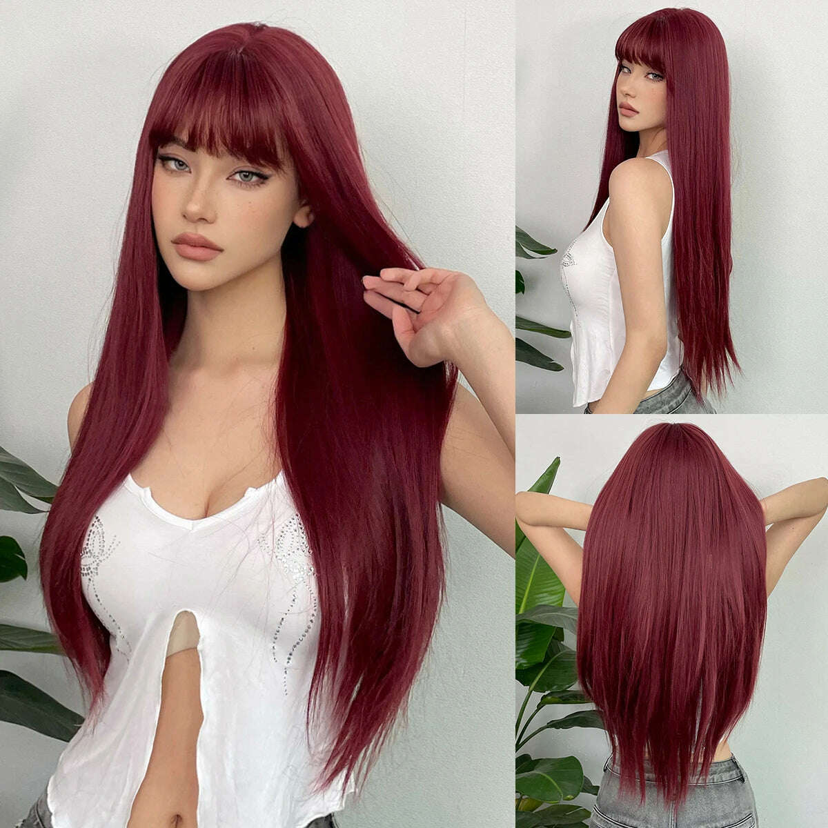 Ombre Synthetic Straight Cosplay Women Hair Platinum Blonde to Black Hair Long Layered Natural Wigs with Bangs for White Women - KIMLUD