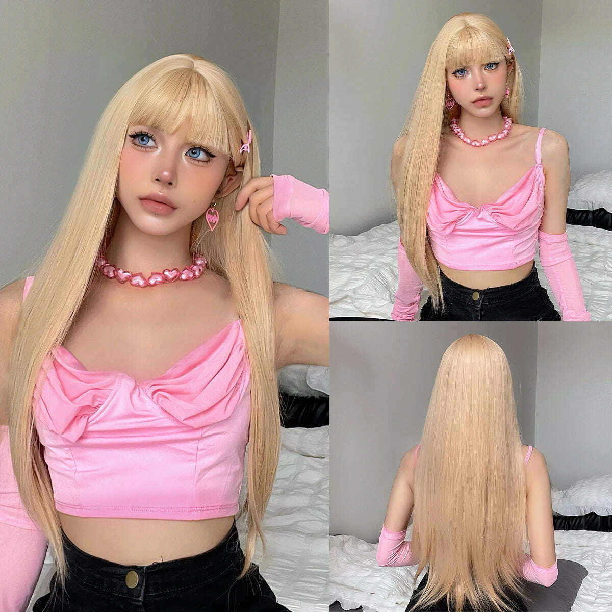 Ombre Synthetic Straight Cosplay Women Hair Platinum Blonde to Black Hair Long Layered Natural Wigs with Bangs for White Women - KIMLUD