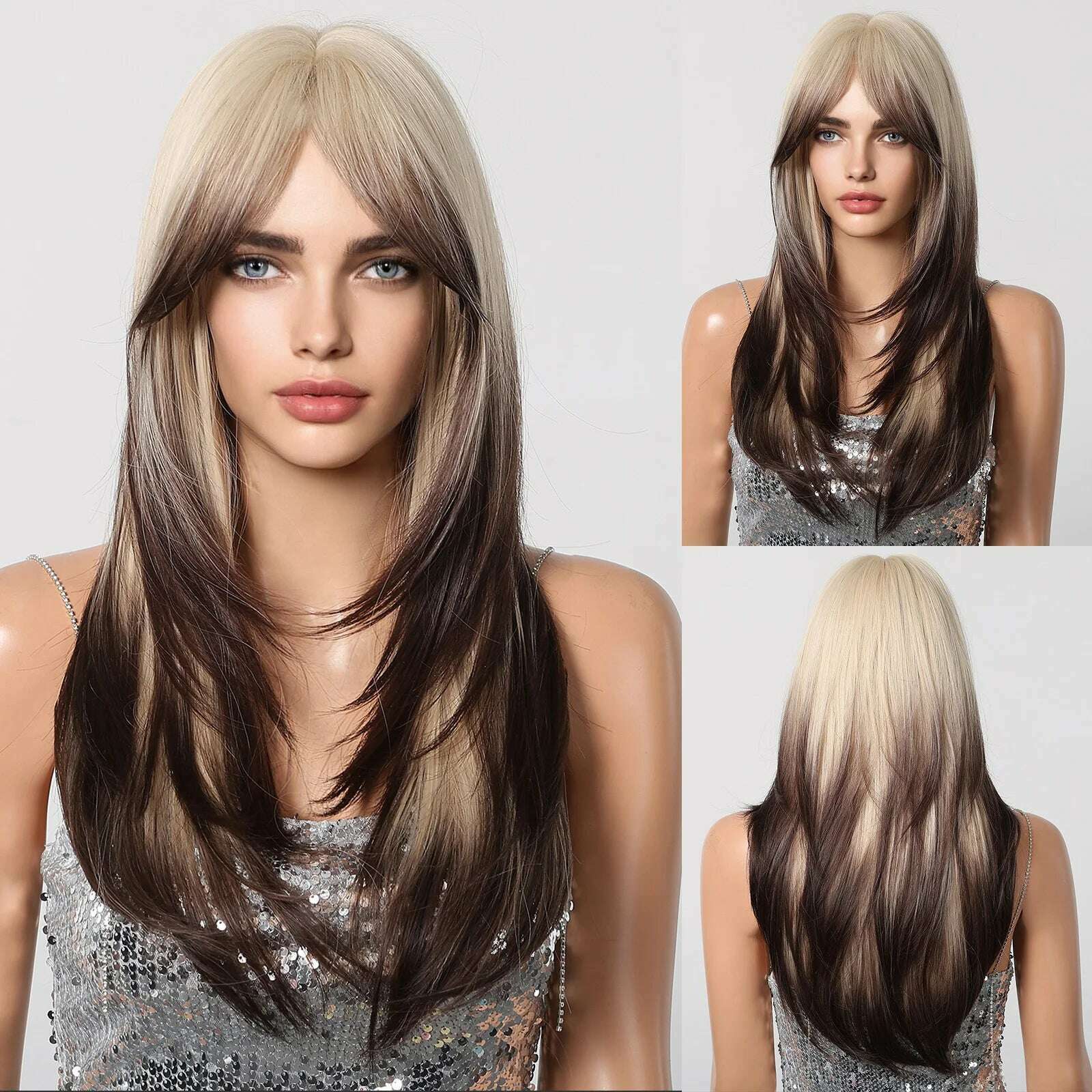 Ombre Synthetic Straight Cosplay Women Hair Platinum Blonde to Black Hair Long Layered Natural Wigs with Bangs for White Women - KIMLUD