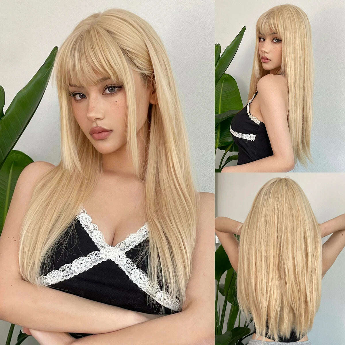 Ombre Synthetic Straight Cosplay Women Hair Platinum Blonde to Black Hair Long Layered Natural Wigs with Bangs for White Women - KIMLUD