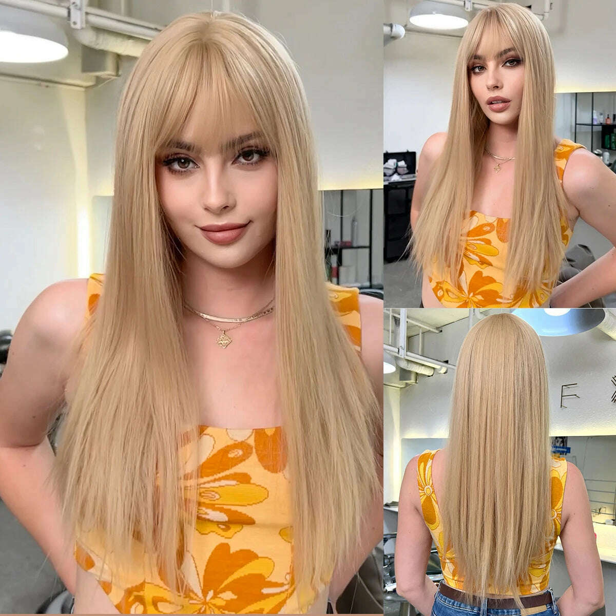 Ombre Synthetic Straight Cosplay Women Hair Platinum Blonde to Black Hair Long Layered Natural Wigs with Bangs for White Women - KIMLUD