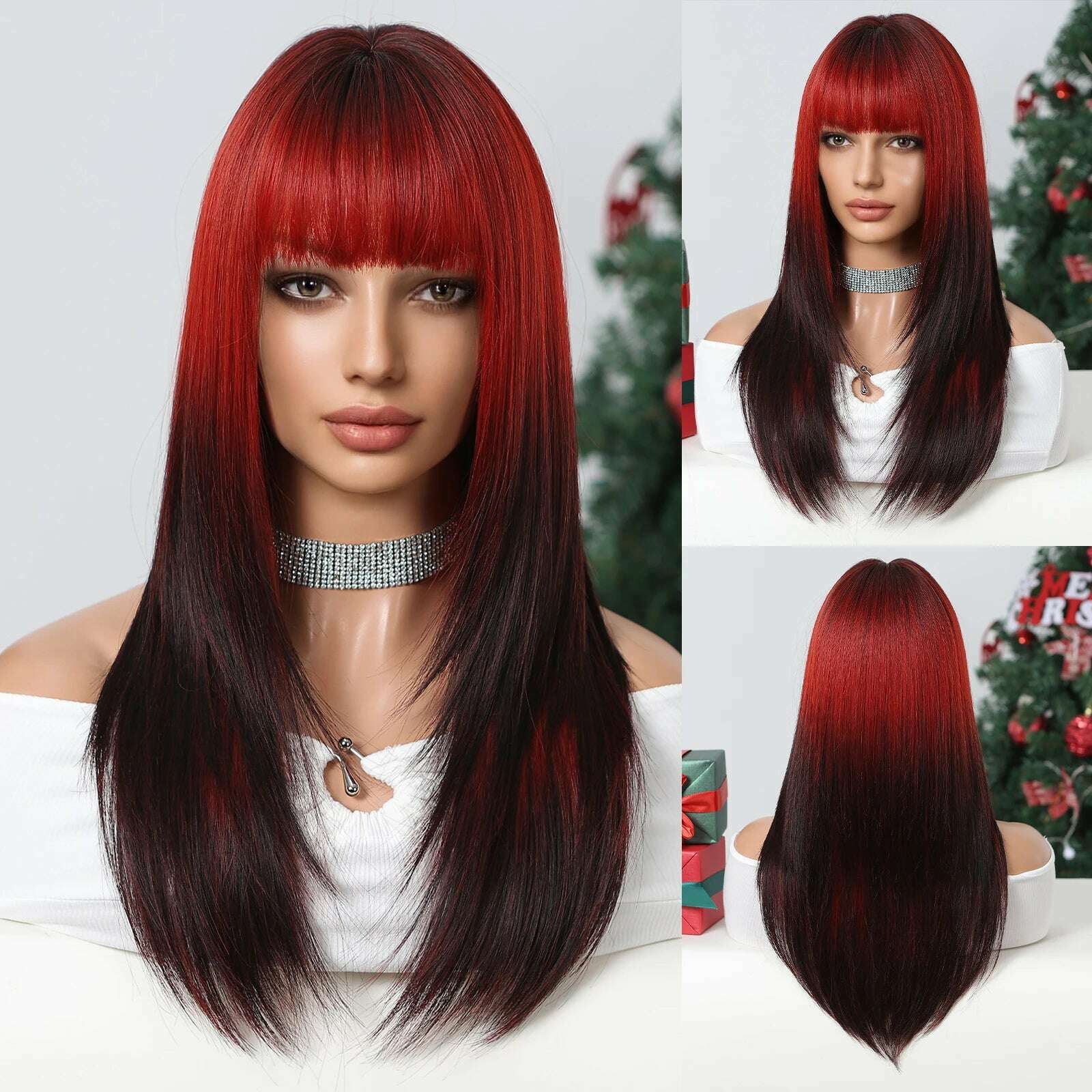 Ombre Synthetic Straight Cosplay Women Hair Platinum Blonde to Black Hair Long Layered Natural Wigs with Bangs for White Women - KIMLUD