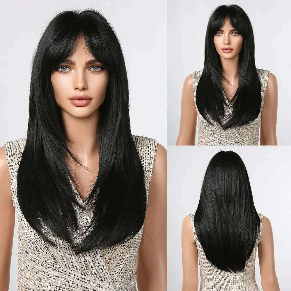 Ombre Synthetic Straight Cosplay Women Hair Platinum Blonde to Black Hair Long Layered Natural Wigs with Bangs for White Women - KIMLUD