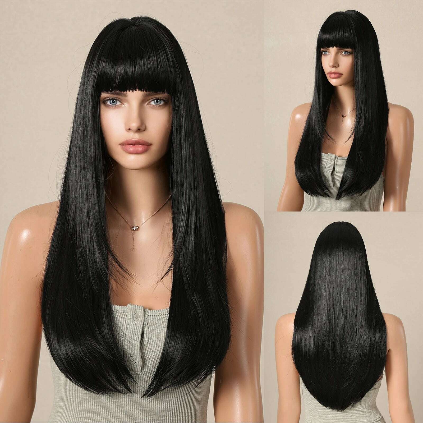 Ombre Synthetic Straight Cosplay Women Hair Platinum Blonde to Black Hair Long Layered Natural Wigs with Bangs for White Women - KIMLUD