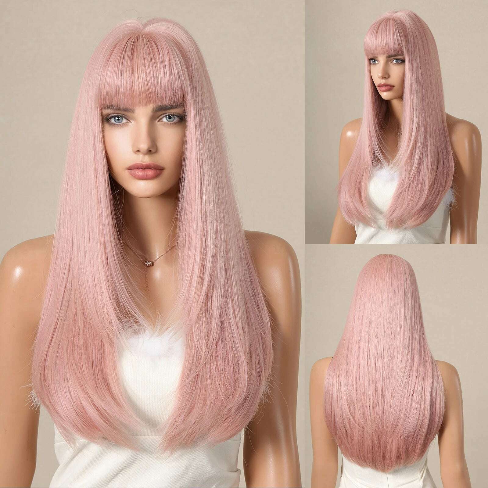 Ombre Synthetic Straight Cosplay Women Hair Platinum Blonde to Black Hair Long Layered Natural Wigs with Bangs for White Women - KIMLUD