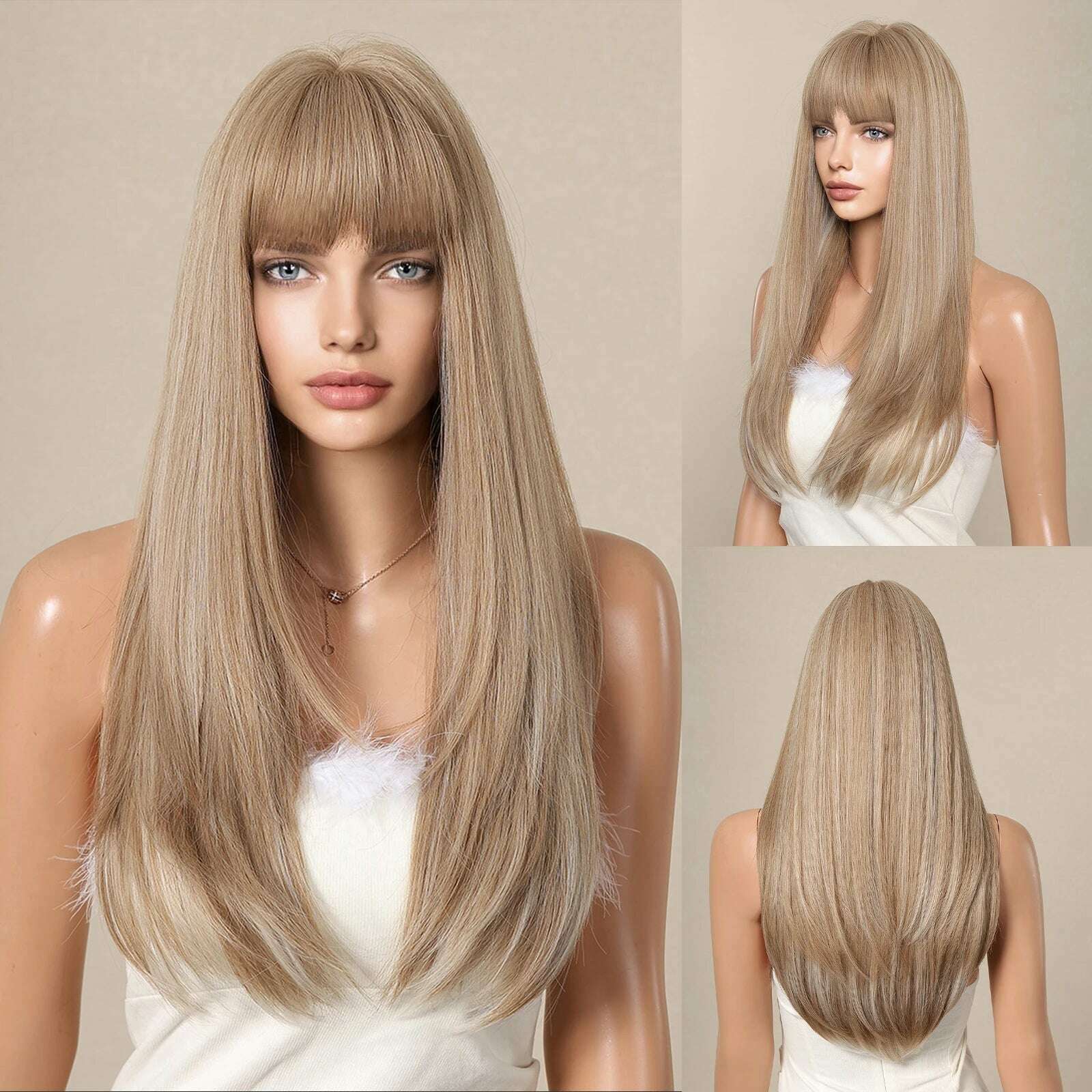 Ombre Synthetic Straight Cosplay Women Hair Platinum Blonde to Black Hair Long Layered Natural Wigs with Bangs for White Women - KIMLUD