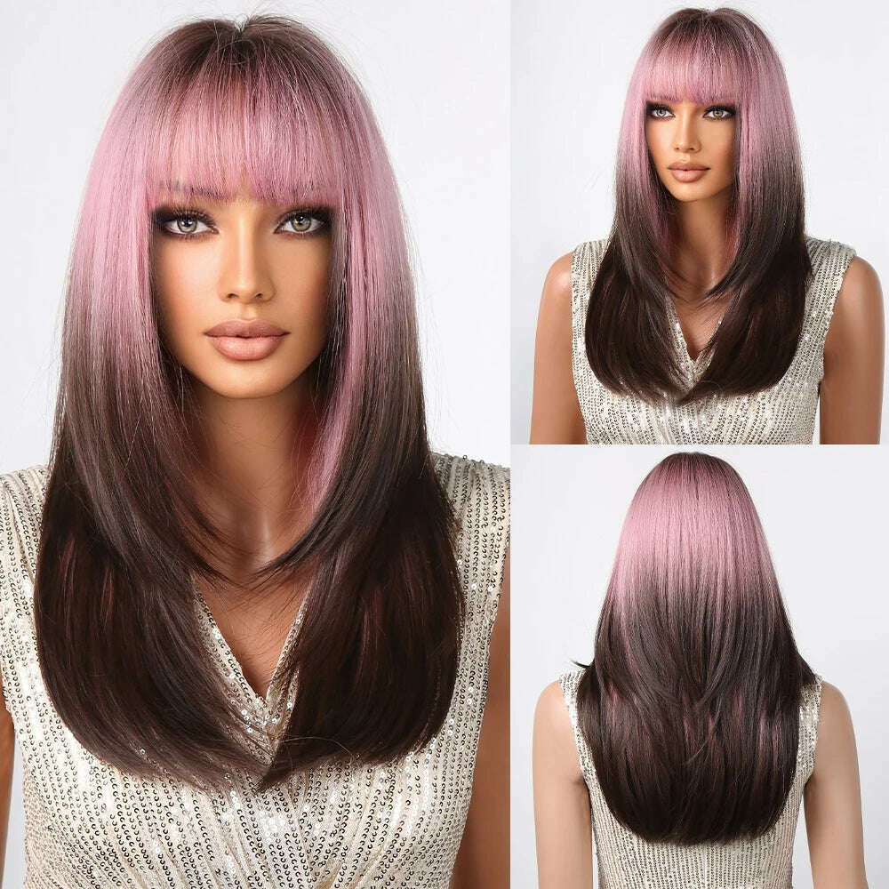 Ombre Synthetic Straight Cosplay Women Hair Platinum Blonde to Black Hair Long Layered Natural Wigs with Bangs for White Women - KIMLUD