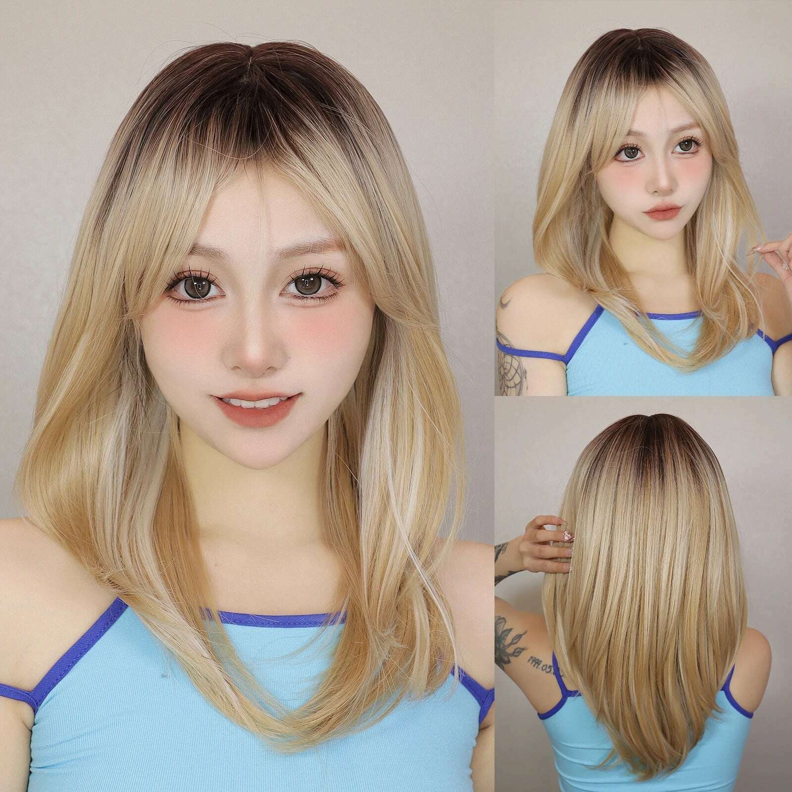 Ombre Synthetic Straight Cosplay Women Hair Platinum Blonde to Black Hair Long Layered Natural Wigs with Bangs for White Women - KIMLUD