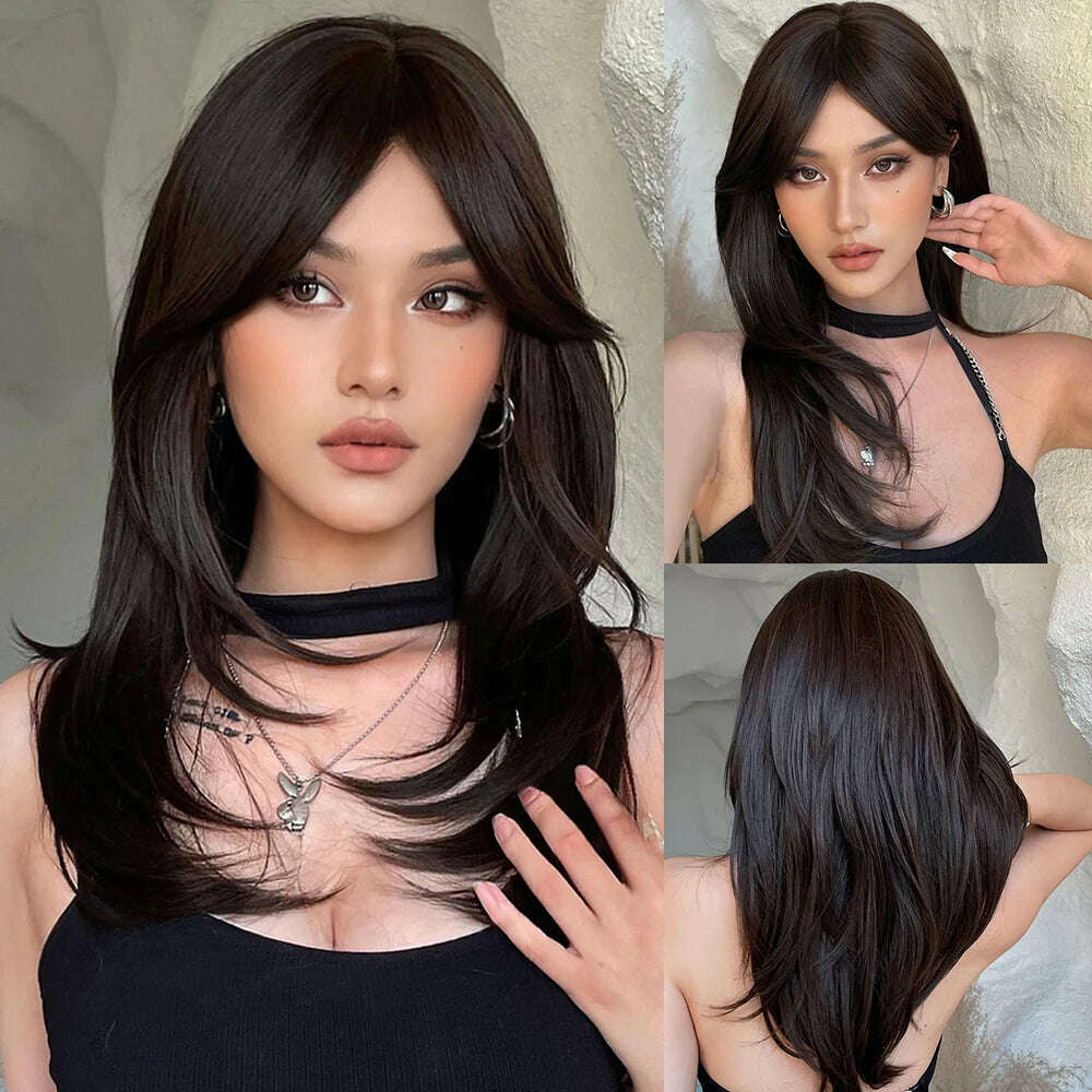 Ombre Synthetic Straight Cosplay Women Hair Platinum Blonde to Black Hair Long Layered Natural Wigs with Bangs for White Women - KIMLUD