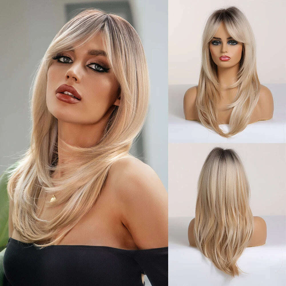 Ombre Synthetic Straight Cosplay Women Hair Platinum Blonde to Black Hair Long Layered Natural Wigs with Bangs for White Women - KIMLUD