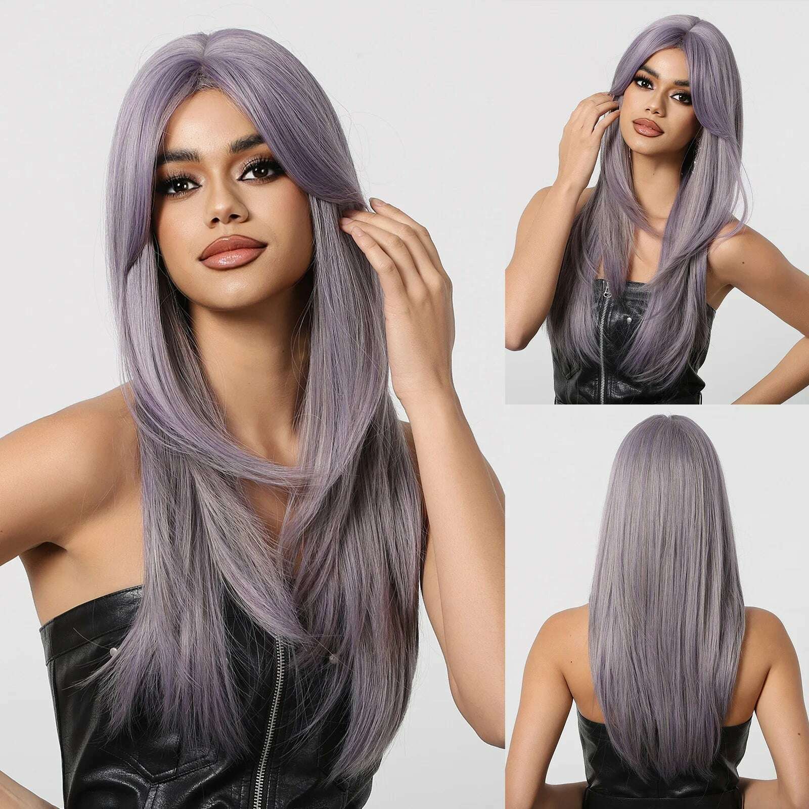 Ombre Synthetic Straight Cosplay Women Hair Platinum Blonde to Black Hair Long Layered Natural Wigs with Bangs for White Women - KIMLUD