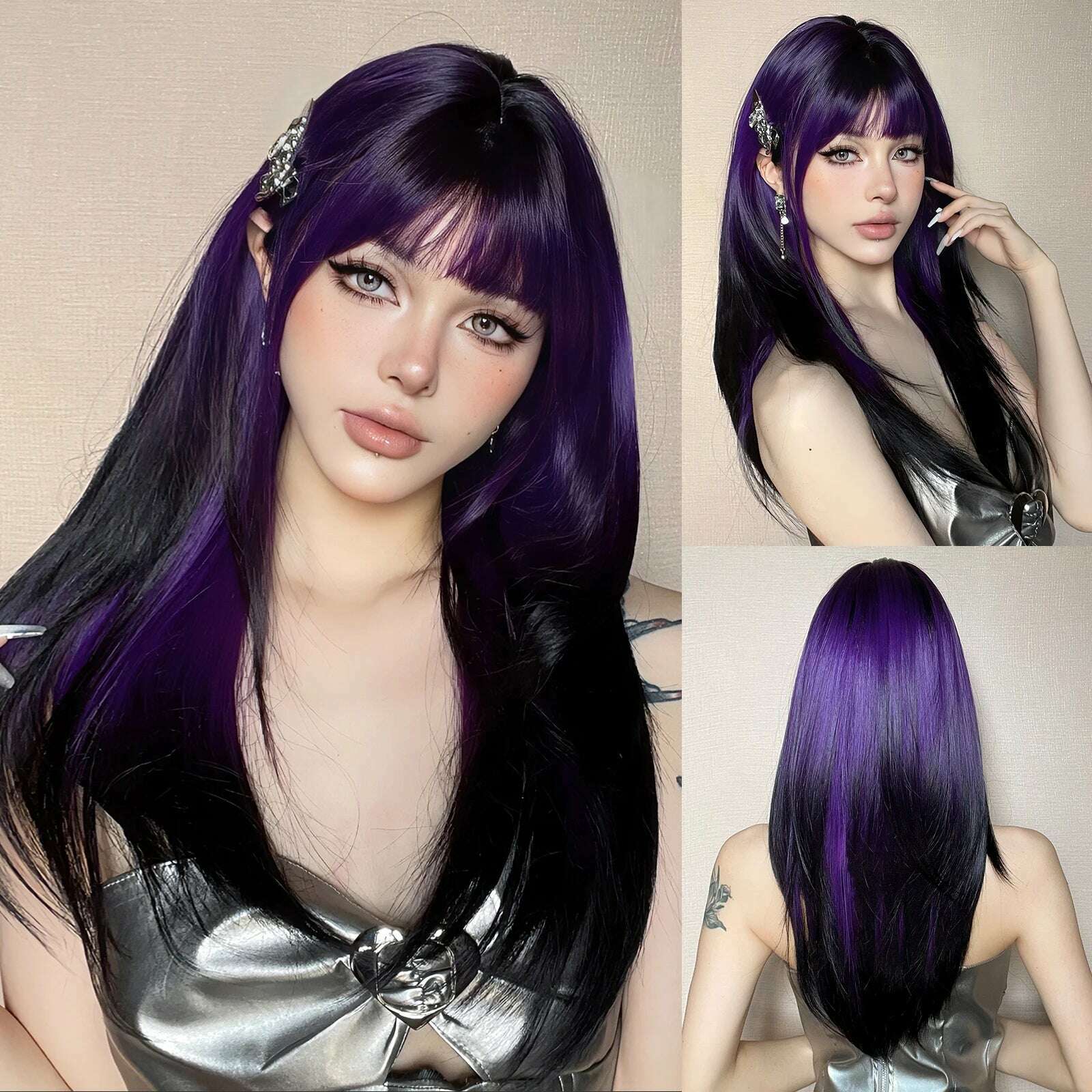 Ombre Synthetic Straight Cosplay Women Hair Platinum Blonde to Black Hair Long Layered Natural Wigs with Bangs for White Women - KIMLUD