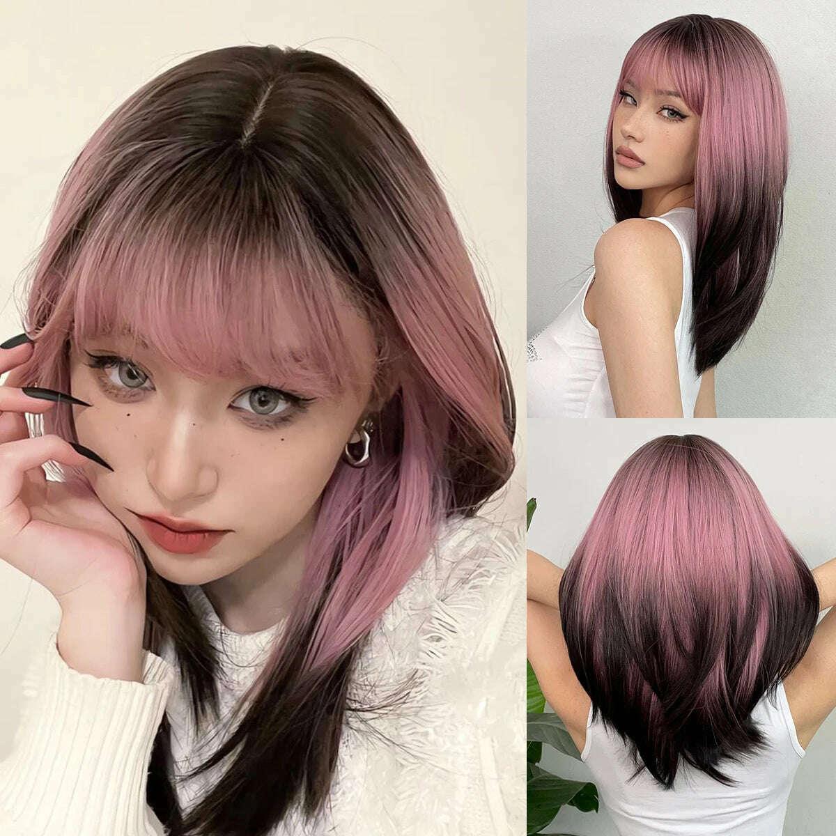 Ombre Synthetic Straight Cosplay Women Hair Platinum Blonde to Black Hair Long Layered Natural Wigs with Bangs for White Women - KIMLUD