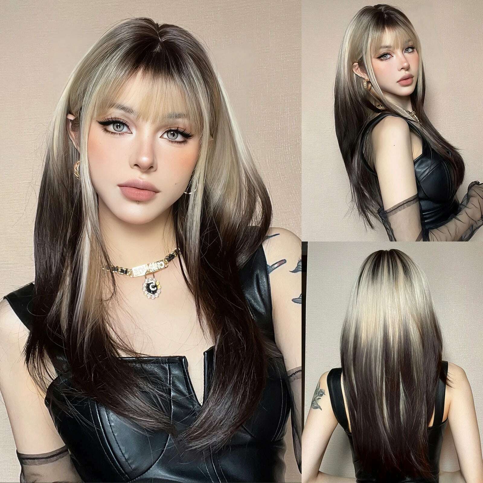 Ombre Synthetic Straight Cosplay Women Hair Platinum Blonde to Black Hair Long Layered Natural Wigs with Bangs for White Women - KIMLUD