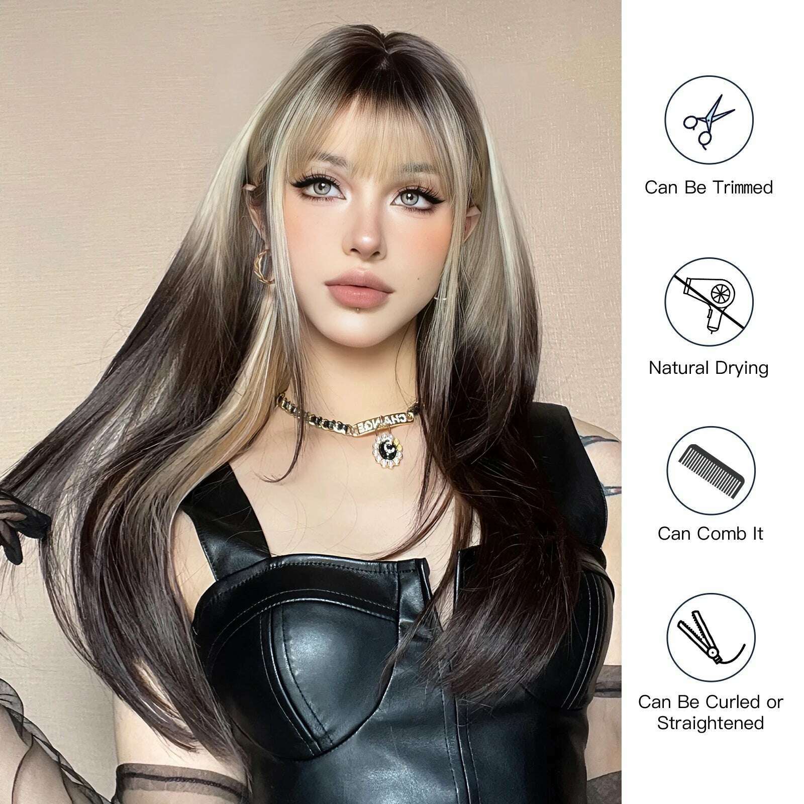 Ombre Synthetic Straight Cosplay Women Hair Platinum Blonde to Black Hair Long Layered Natural Wigs with Bangs for White Women - KIMLUD