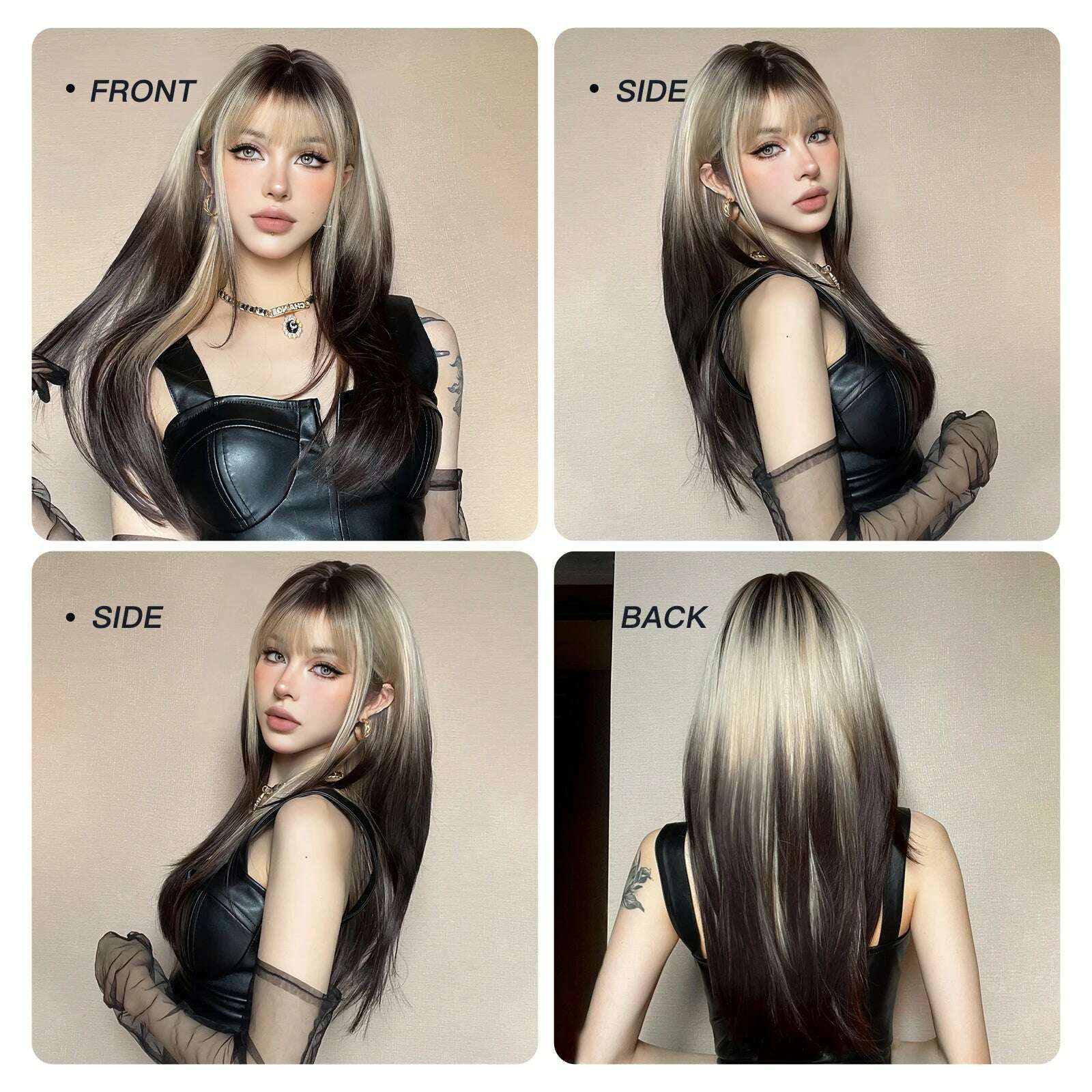 Ombre Synthetic Straight Cosplay Women Hair Platinum Blonde to Black Hair Long Layered Natural Wigs with Bangs for White Women - KIMLUD