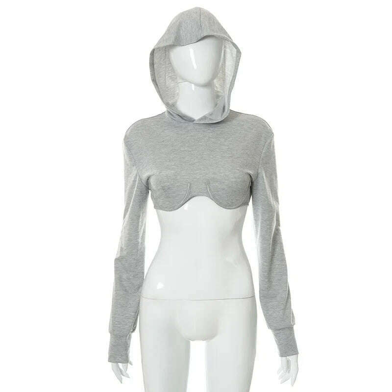 KIMLUD, OMSJ 2021 Autumn New Fashion Streetwear Women Hot Sexy Super-short Hoodies Solid Long Sleeve Crop Top Hooded Pullover Sweatshirt, gray / S, KIMLUD APPAREL - Womens Clothes