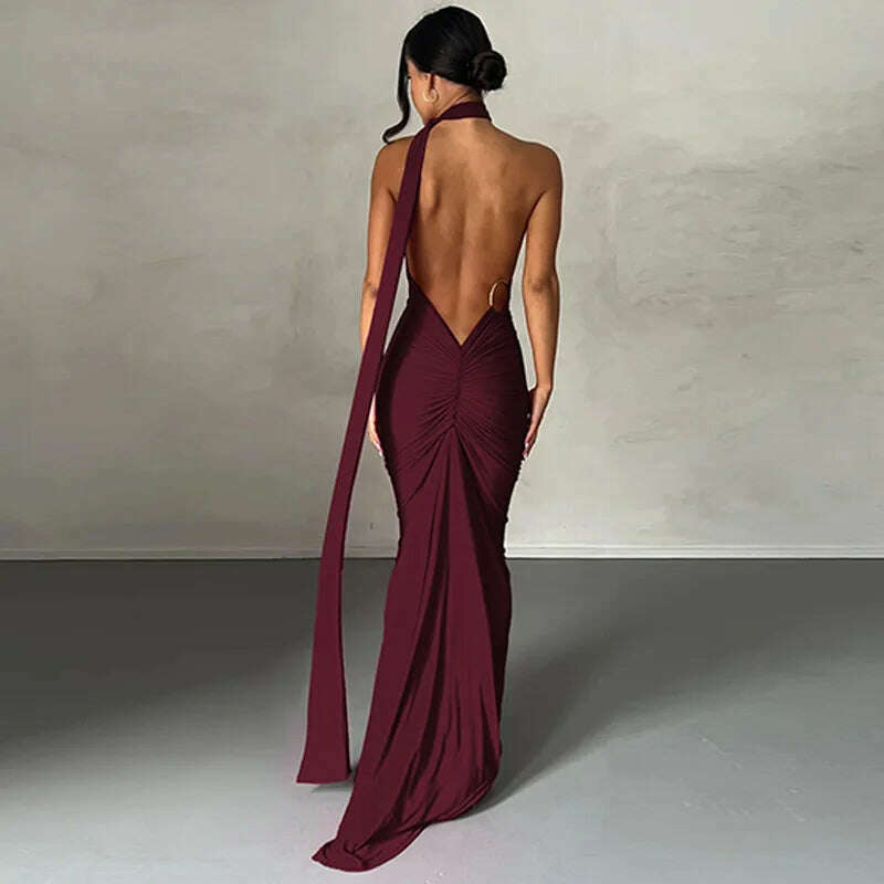 KIMLUD, One Shoulder Backless Adjustable Scarf Loop Ruched Sexy Maxi Dress 2024 Women Elegant Y2K Vintage Dress Fashion Summer Robe Size, Style1wine / S, KIMLUD APPAREL - Womens Clothes