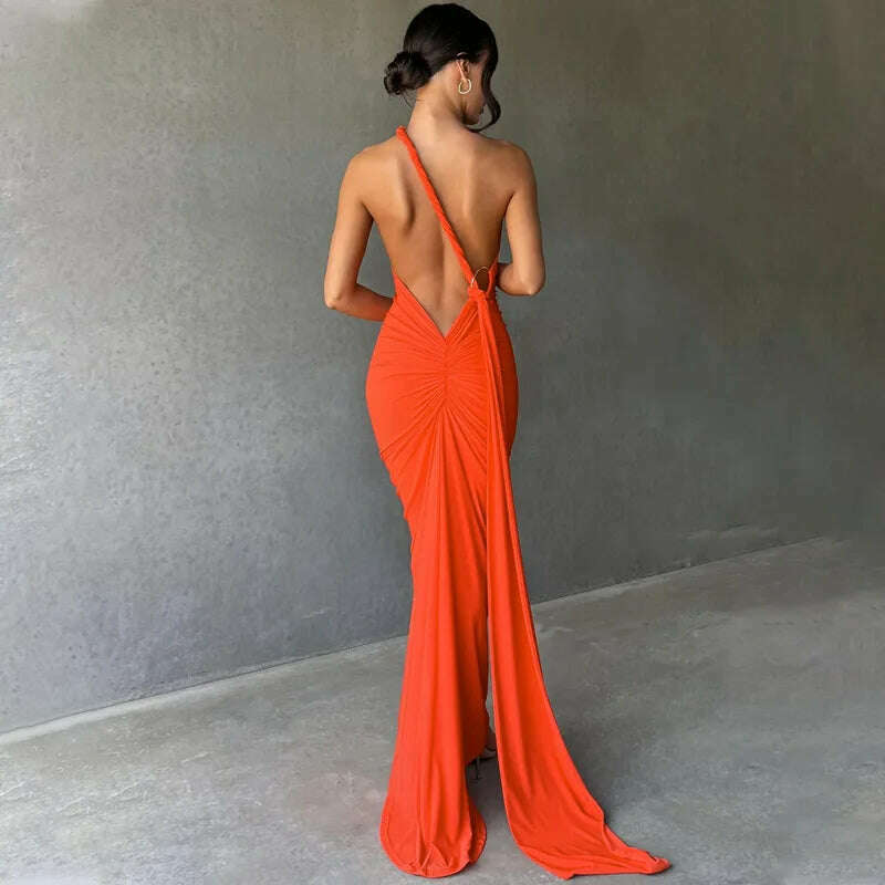 KIMLUD, One Shoulder Backless Adjustable Scarf Loop Ruched Sexy Maxi Dress 2024 Women Elegant Y2K Vintage Dress Fashion Summer Robe Size, Style1 orange / L, KIMLUD APPAREL - Womens Clothes