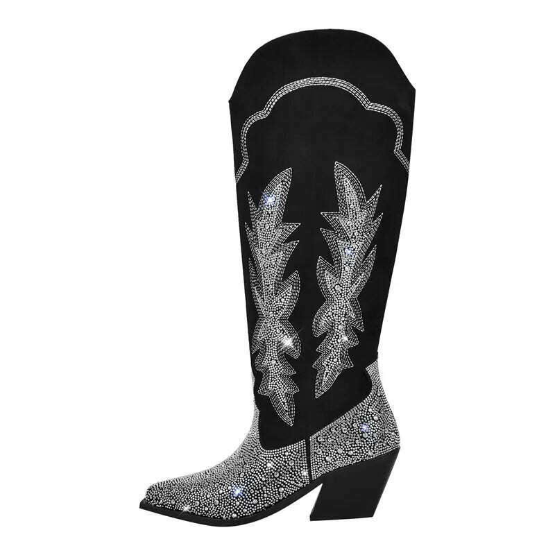 KIMLUD, Onlymaker Women Black Knee High Rhinestone Boots Western Cowboy Boots Glitter Bling Shiny Block Heel Handmade Boots, CD230908A / 5, KIMLUD APPAREL - Womens Clothes