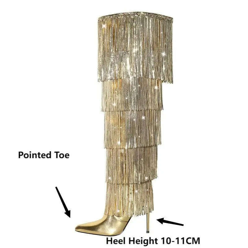 KIMLUD, Onlymaker Women Pointed Toe  Gold Fringe Metallic Slim  Over The Knee Boots Stiletto Sexy Dance Thigh Boots, KIMLUD Womens Clothes