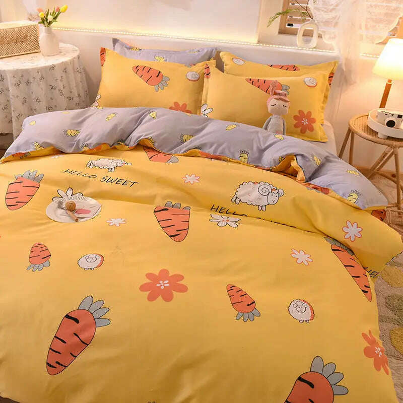 KIMLUD, Orange Bedding Set Girls Boys Bed Linen Sheet Plaid Duvet Cover No Filling 240x220 Single Double Queen King Bedclothes, 20 / King 4pcs, KIMLUD APPAREL - Womens Clothes