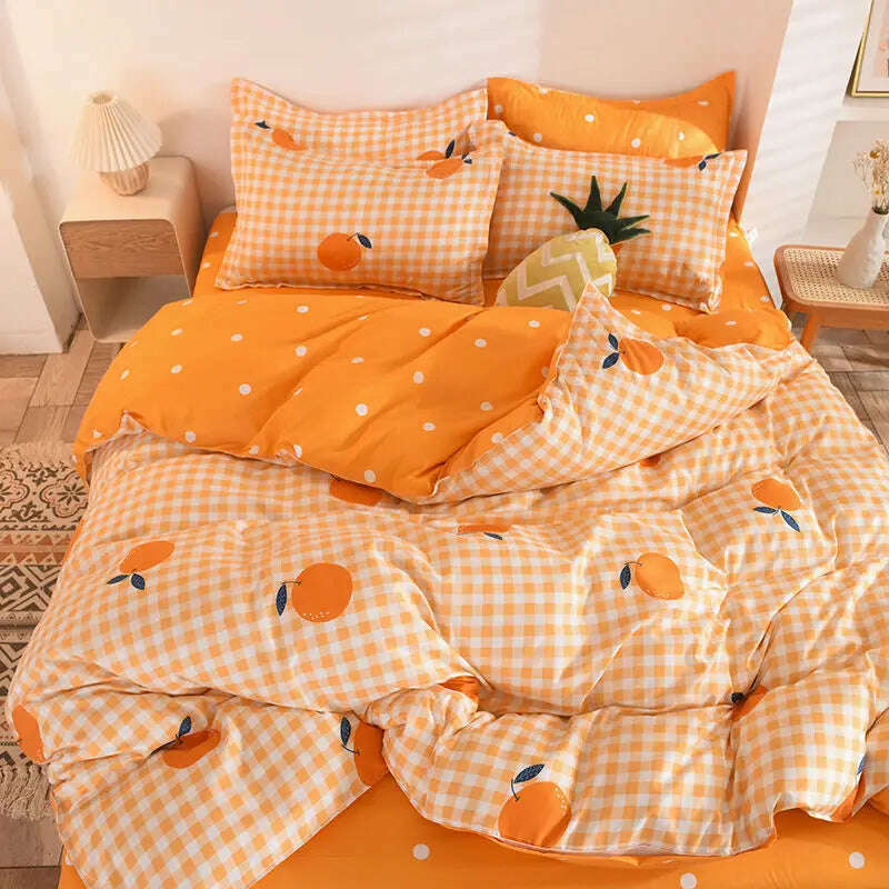 KIMLUD, Orange Bedding Set Girls Boys Bed Linen Sheet Plaid Duvet Cover No Filling 240x220 Single Double Queen King Bedclothes, 001 / Twin 3pcs, KIMLUD APPAREL - Womens Clothes