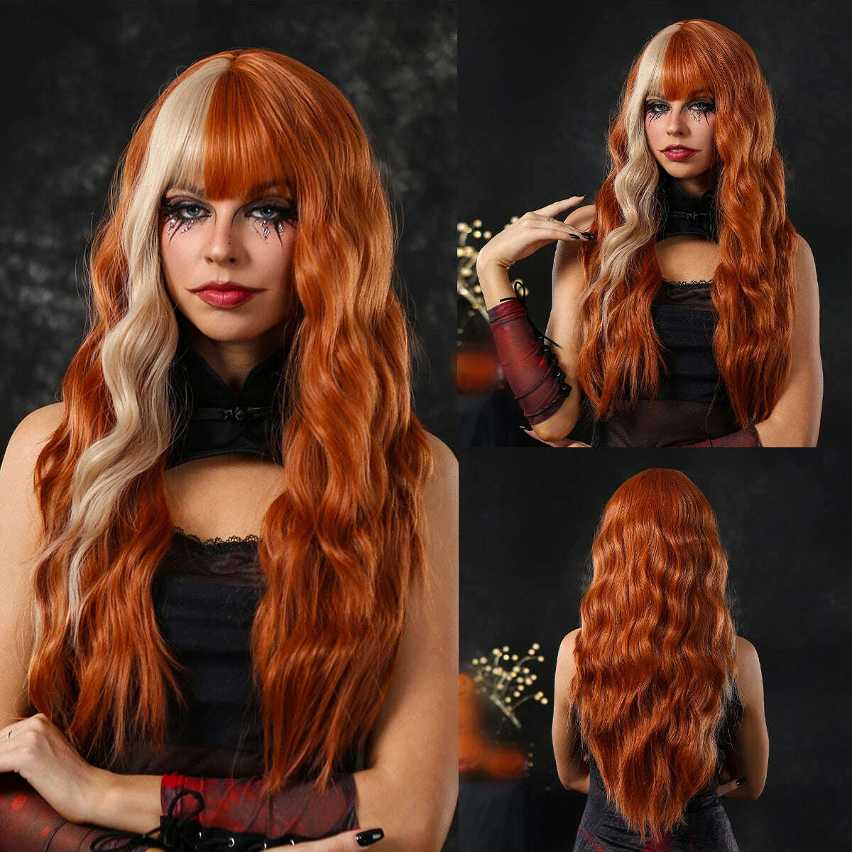 KIMLUD, Orange Long Wavy Wig with Bangs Blonde Highlight Wig Natural Wave Holiday Synthetic Hair Wigs Women Heat Resistant Cosplay Wig, KIMLUD Womens Clothes