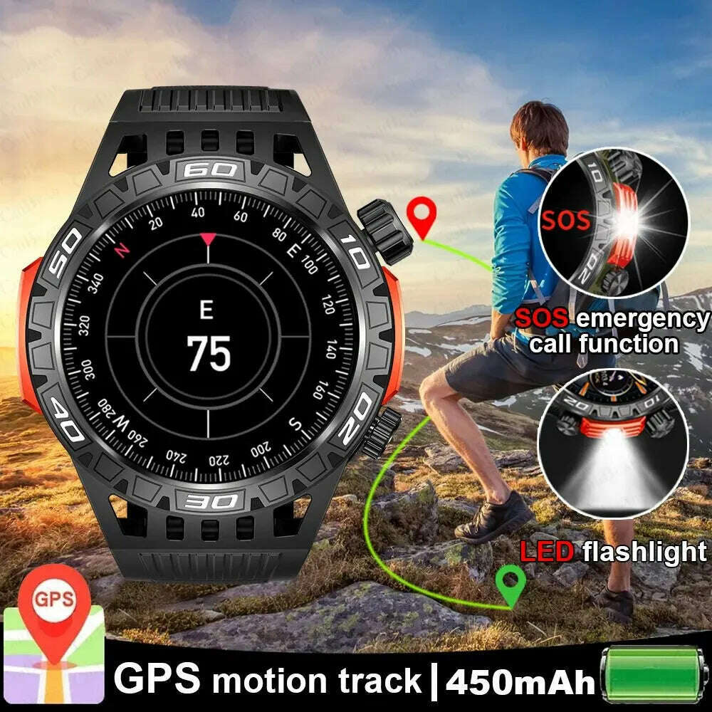 Outdoor Compass Smart Watch Men LED Flashlight Heart Rate Blood Pressure Health Monitoring Watches Bluetooth Call Smartwatch Man - KIMLUD