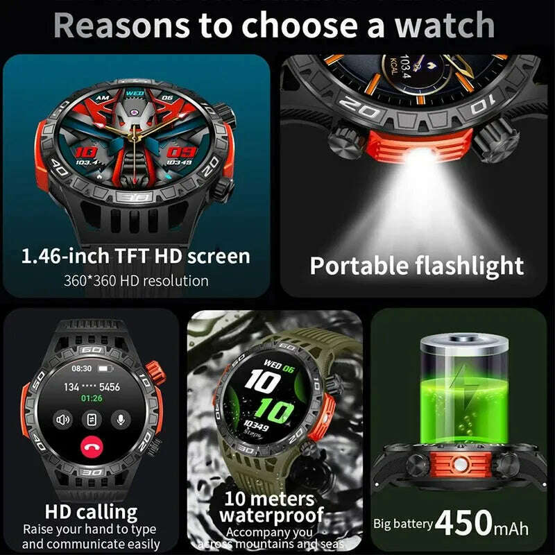 Outdoor Compass Smart Watch Men LED Flashlight Heart Rate Blood Pressure Health Monitoring Watches Bluetooth Call Smartwatch Man - KIMLUD