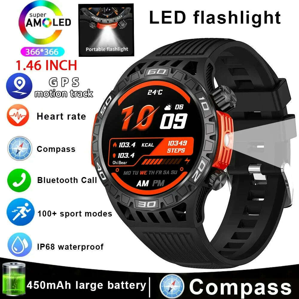 Outdoor Compass Smart Watch Men LED Flashlight Heart Rate Blood Pressure Health Monitoring Watches Bluetooth Call Smartwatch Man - KIMLUD