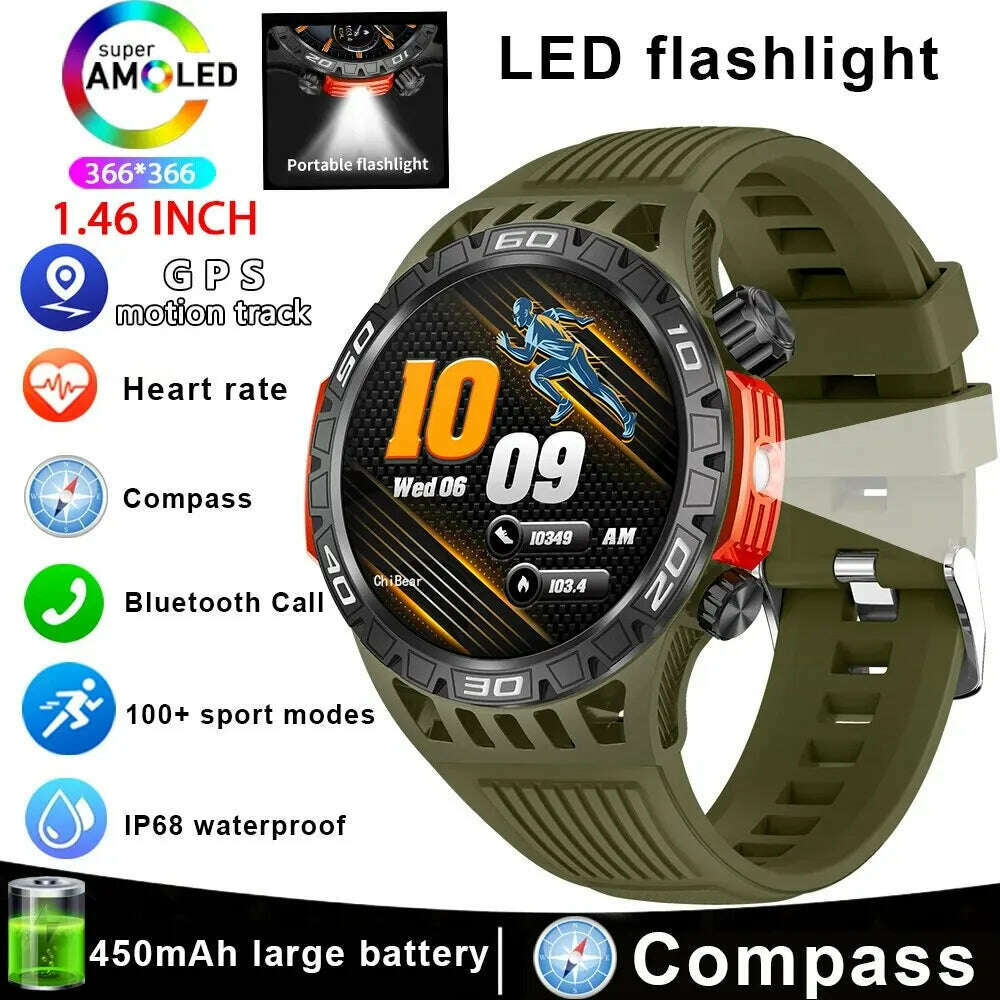 Outdoor Compass Smart Watch Men LED Flashlight Heart Rate Blood Pressure Health Monitoring Watches Bluetooth Call Smartwatch Man - KIMLUD