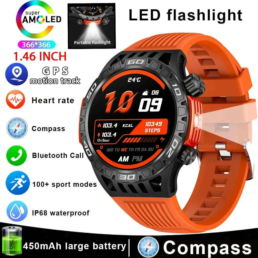 Outdoor Compass Smart Watch Men LED Flashlight Heart Rate Blood Pressure Health Monitoring Watches Bluetooth Call Smartwatch Man - KIMLUD