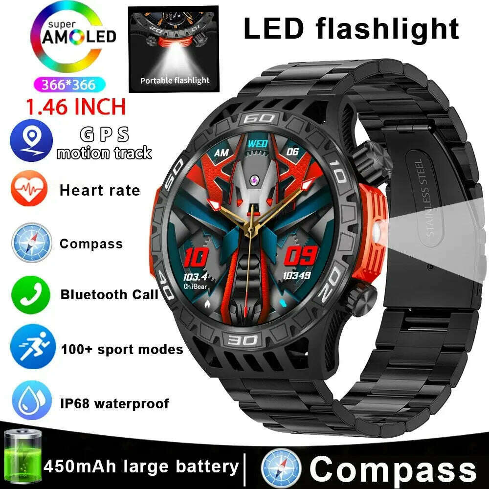 Outdoor Compass Smart Watch Men LED Flashlight Heart Rate Blood Pressure Health Monitoring Watches Bluetooth Call Smartwatch Man - KIMLUD