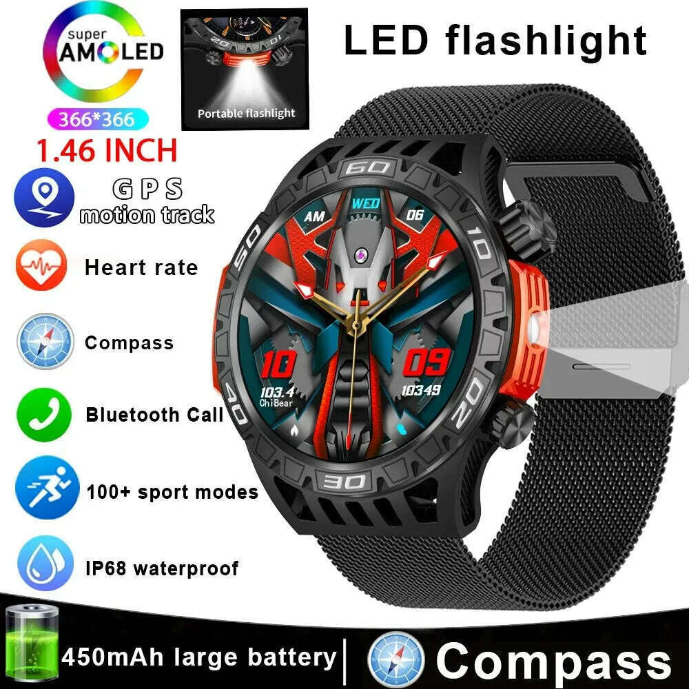 Outdoor Compass Smart Watch Men LED Flashlight Heart Rate Blood Pressure Health Monitoring Watches Bluetooth Call Smartwatch Man - KIMLUD