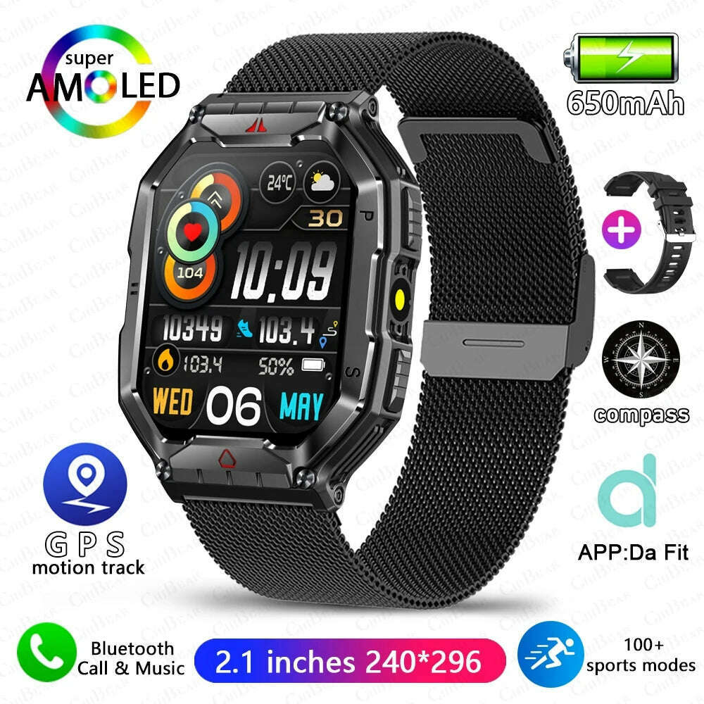 KIMLUD, Outdoor Sports Compass Smart Watch GPS Tracking 650Mah Battery 1ATM Waterproof Voice Assistant Bluetooth Call Smartｗatch for Men, black mesh belt, KIMLUD APPAREL - Womens Clothes