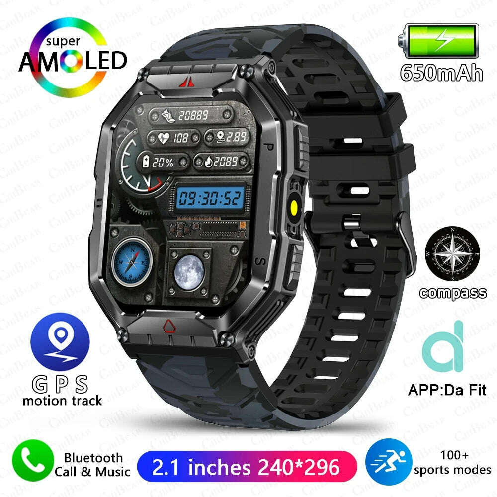 KIMLUD, Outdoor Sports Compass Smart Watch GPS Tracking 650Mah Battery 1ATM Waterproof Voice Assistant Bluetooth Call Smartｗatch for Men, Camouflage Black, KIMLUD APPAREL - Womens Clothes