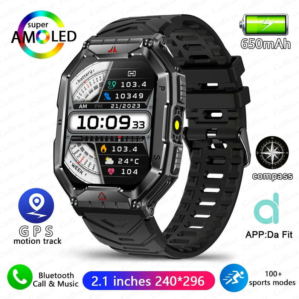 KIMLUD, Outdoor Sports Compass Smart Watch GPS Tracking 650Mah Battery 1ATM Waterproof Voice Assistant Bluetooth Call Smartｗatch for Men, Black, KIMLUD APPAREL - Womens Clothes