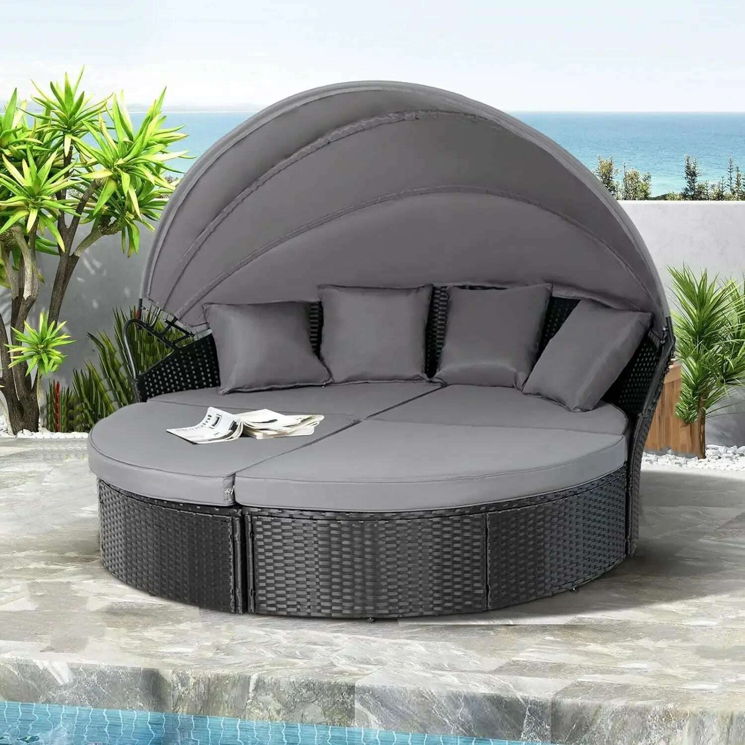 KIMLUD, Outdoor Terrace Canopy Bed with Washable Soft Cushion, Clamshell Shaped Segmented Seats, Suitable for Backyard, Porch, (brown), Black / United States / Round Daybed, KIMLUD APPAREL - Womens Clothes