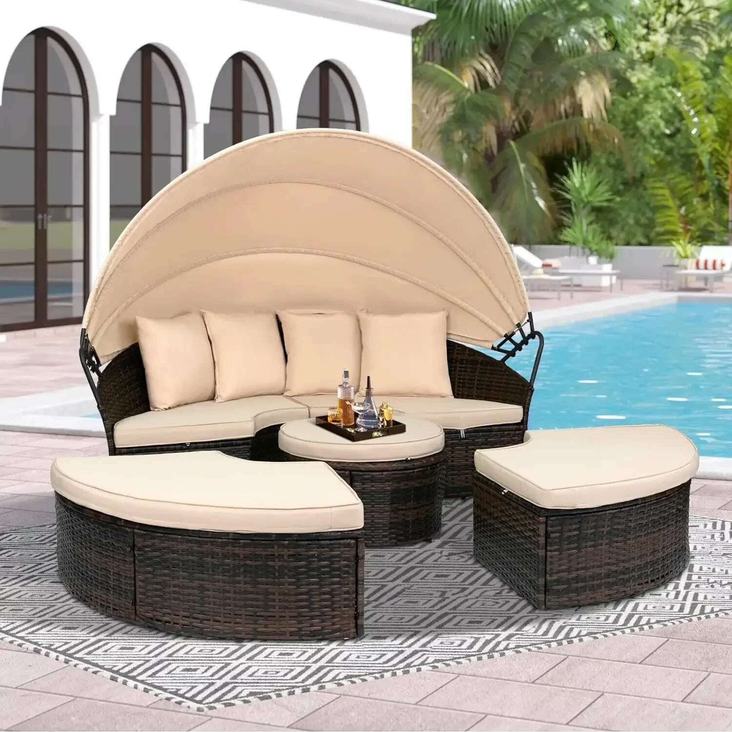 KIMLUD, Outdoor Terrace Canopy Bed with Washable Soft Cushion, Clamshell Shaped Segmented Seats, Suitable for Backyard, Porch, (brown), Brown / United States / Round Daybed, KIMLUD APPAREL - Womens Clothes