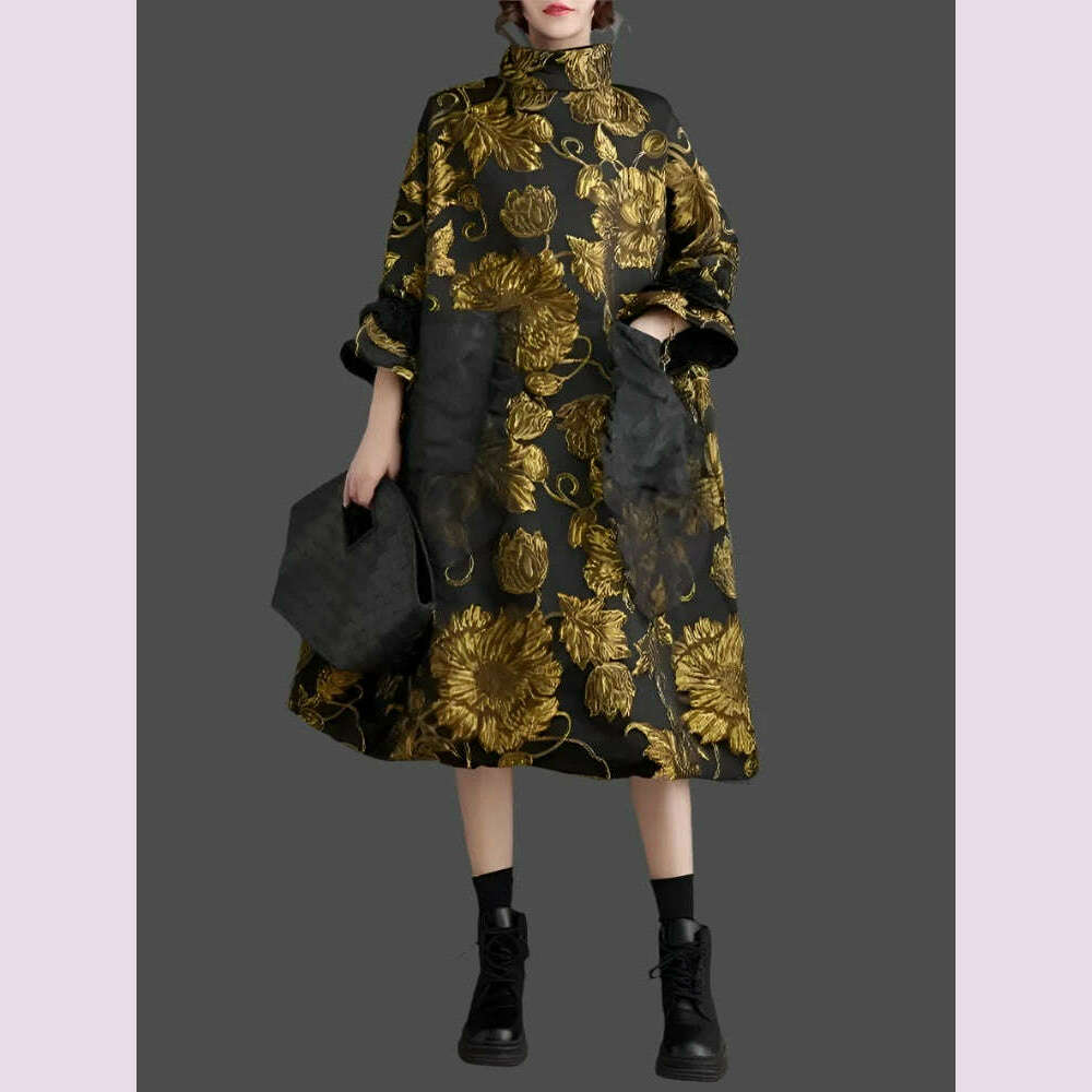 KIMLUD, Oversized Autumn Winter Midi Dress Women Patchwork Fashion Chinese Style Flower Ladies Dresses Pleated Loose Woman Dress 2023, KIMLUD Womens Clothes