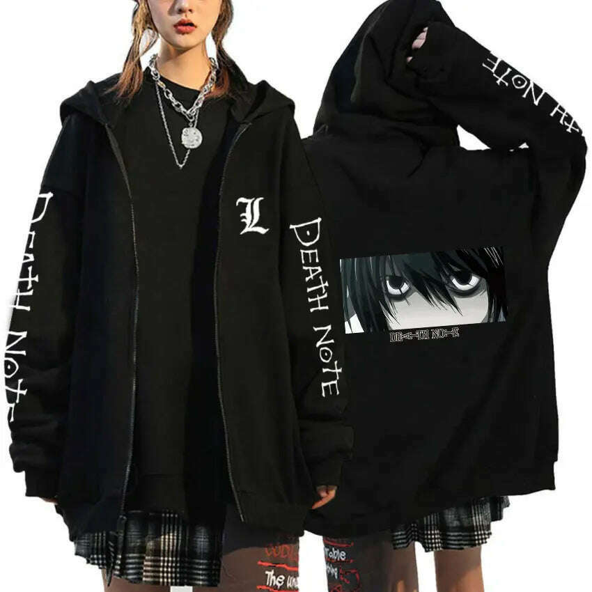 KIMLUD, Oversized Hoodie Death Note Zip Up Hoodie Moletom Feminino Casual Streetwear Sweatshirts Vetement Homme Anime Tops Jackets, Black -19 / XXL, KIMLUD APPAREL - Womens Clothes