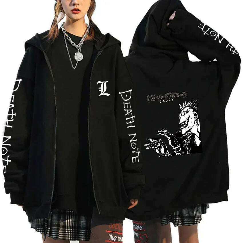 KIMLUD, Oversized Hoodie Death Note Zip Up Hoodie Moletom Feminino Casual Streetwear Sweatshirts Vetement Homme Anime Tops Jackets, Black -18 / S, KIMLUD APPAREL - Womens Clothes