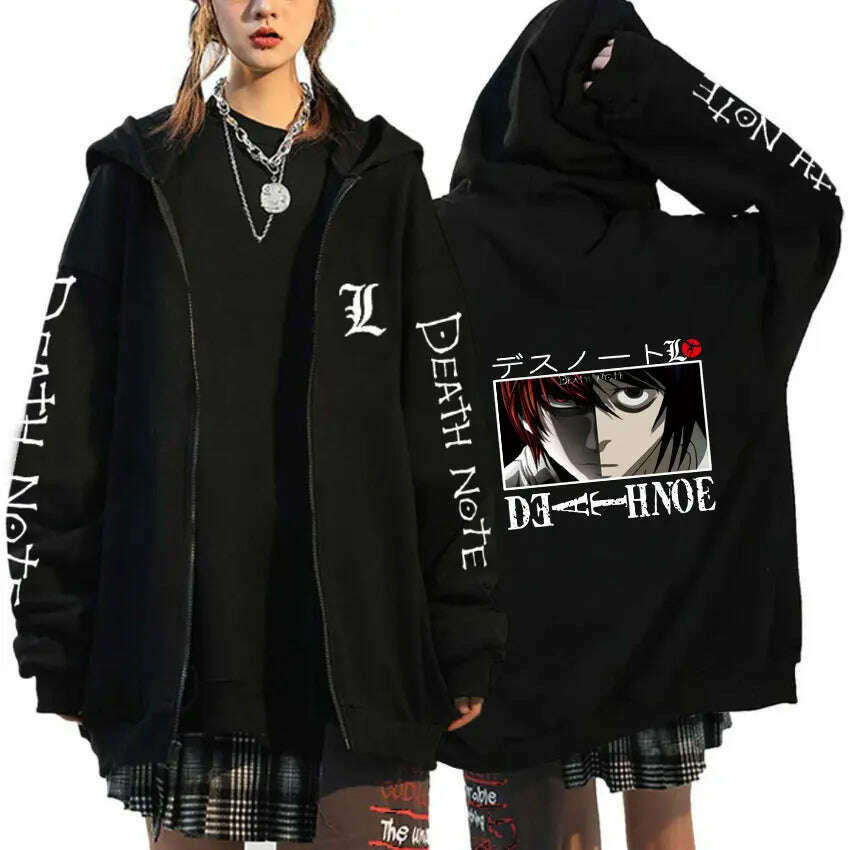 KIMLUD, Oversized Hoodie Death Note Zip Up Hoodie Moletom Feminino Casual Streetwear Sweatshirts Vetement Homme Anime Tops Jackets, Black -20 / S, KIMLUD APPAREL - Womens Clothes