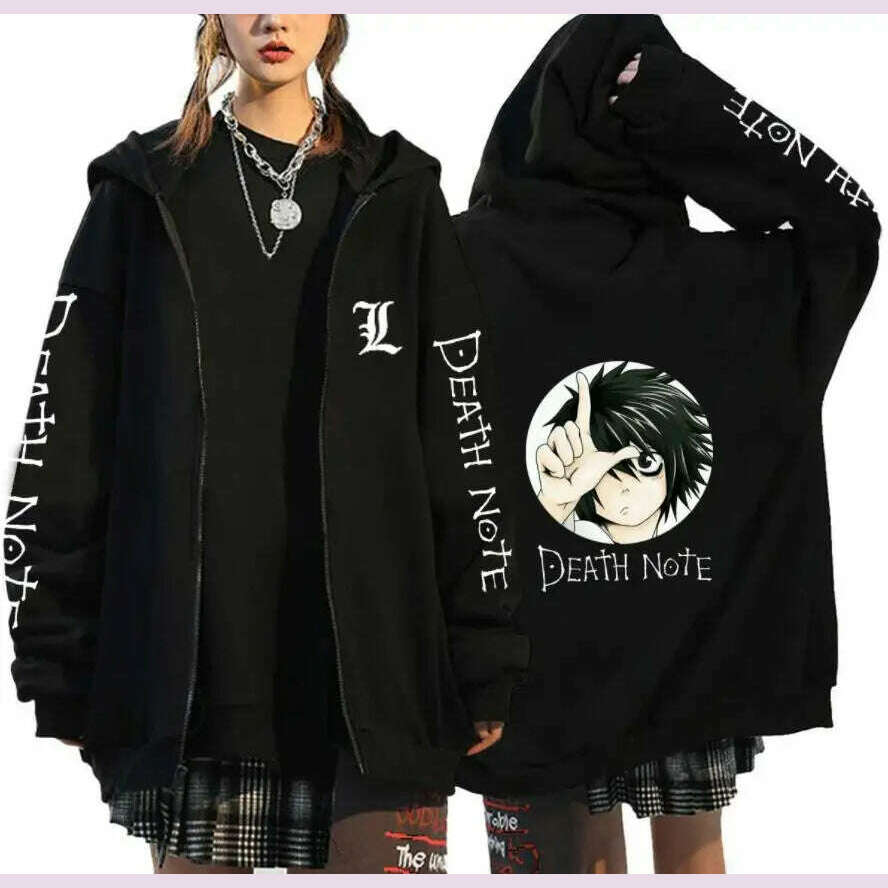 KIMLUD, Oversized Hoodie Death Note Zip Up Hoodie Moletom Feminino Casual Streetwear Sweatshirts Vetement Homme Anime Tops Jackets, Black -7 / M, KIMLUD APPAREL - Womens Clothes