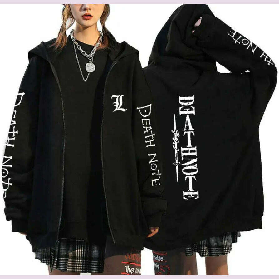 KIMLUD, Oversized Hoodie Death Note Zip Up Hoodie Moletom Feminino Casual Streetwear Sweatshirts Vetement Homme Anime Tops Jackets, Black -5 / M, KIMLUD APPAREL - Womens Clothes